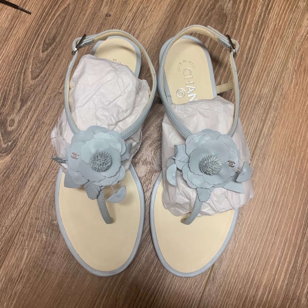 Chanel Blue Leather Camellia Sandals
